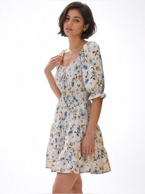 NWT Liberty Love Boho Cream Floral Mini Skater Dress Puff Sleeve, Tiered, Jr. L